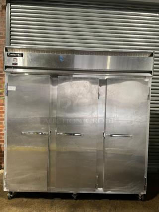 Continental Commercial Stainless Steel Solid 3 Door Reach In Freezer! With Poly Coated Wire Racks! Model: 3F SN: 15597395! 115/208-230V 1 Phase! On Casters!