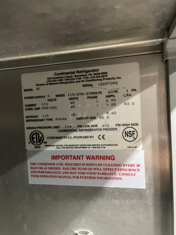 Continental Commercial Stainless Steel Solid 3 Door Reach In Freezer! With Poly Coated Wire Racks! Model: 3F SN: 15597395! 115/208-230V 1 Phase! On Casters! - Image 8 of 12