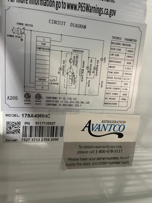 Avantco Commercial Stainless Steel Solid Double Swing Door Reach In Refrigerator! With Poly Coated Wire Racks! Model: 178A49RHC SN: 7527171321042095! 115V! On Casters! - Image 6 of 11