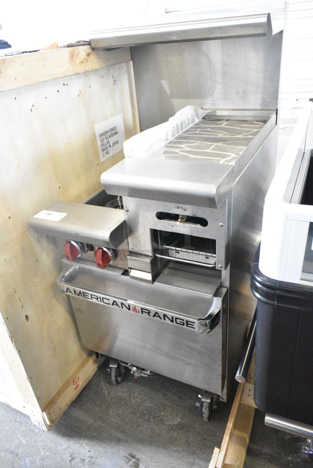 BRAND NEW SCRATCH AND DENT! 2018 American Range AR2B-12RG Stainless Steel Commercial Natural Gas Powered 2 Burner Range w/ Flat Top Griddle, Oven, Over Shelf and Back Splash on Commercial Casters. - Image 1 of 11