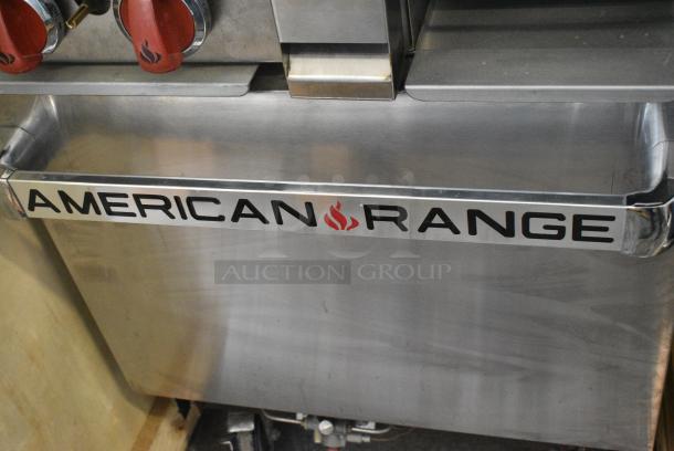 BRAND NEW SCRATCH AND DENT! 2018 American Range AR2B-12RG Stainless Steel Commercial Natural Gas Powered 2 Burner Range w/ Flat Top Griddle, Oven, Over Shelf and Back Splash on Commercial Casters. - Image 2 of 11