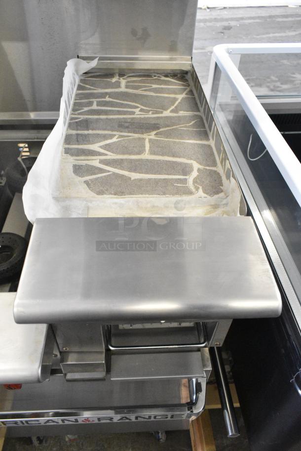 BRAND NEW SCRATCH AND DENT! 2018 American Range AR2B-12RG Stainless Steel Commercial Natural Gas Powered 2 Burner Range w/ Flat Top Griddle, Oven, Over Shelf and Back Splash on Commercial Casters. - Image 5 of 11