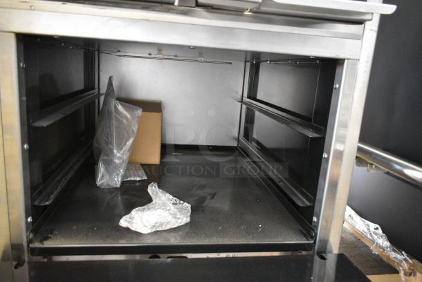 BRAND NEW SCRATCH AND DENT! 2018 American Range AR2B-12RG Stainless Steel Commercial Natural Gas Powered 2 Burner Range w/ Flat Top Griddle, Oven, Over Shelf and Back Splash on Commercial Casters. - Image 7 of 11