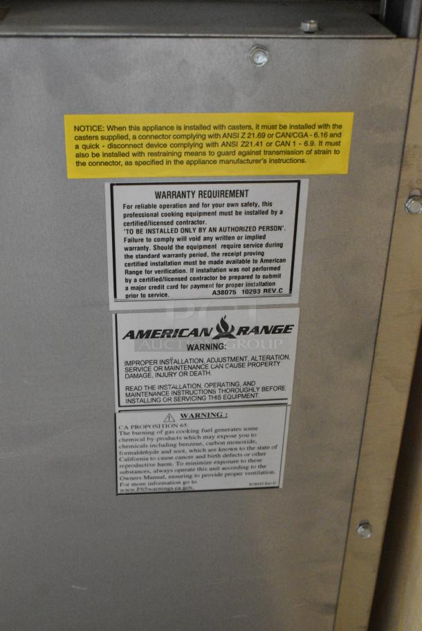 BRAND NEW SCRATCH AND DENT! 2018 American Range AR2B-12RG Stainless Steel Commercial Natural Gas Powered 2 Burner Range w/ Flat Top Griddle, Oven, Over Shelf and Back Splash on Commercial Casters. - Image 9 of 11
