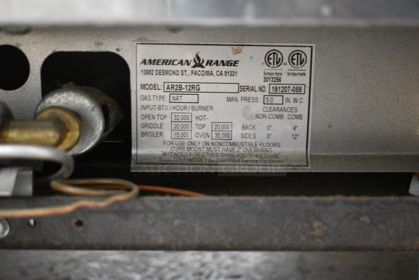 BRAND NEW SCRATCH AND DENT! 2018 American Range AR2B-12RG Stainless Steel Commercial Natural Gas Powered 2 Burner Range w/ Flat Top Griddle, Oven, Over Shelf and Back Splash on Commercial Casters. - Image 11 of 11