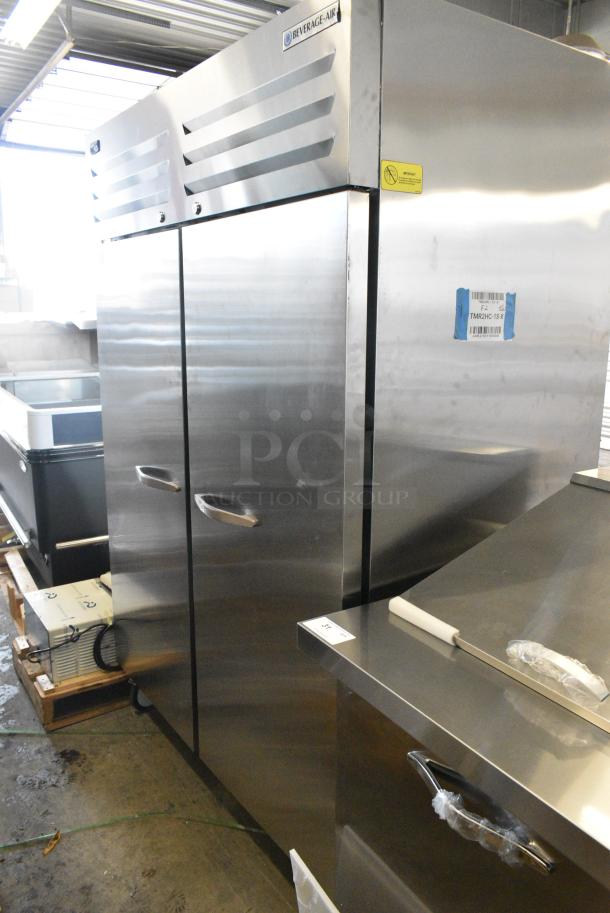 BRAND NEW SCRATCH AND DENT!  Beverage Air TMR2HC-1S Stainless Steel Commercial 2 Door Reach In Cooler w/ Poly Coated Racks on Commercial Casters. 115 Volts, 1 Phase. Tested and Working! - Image 2 of 10
