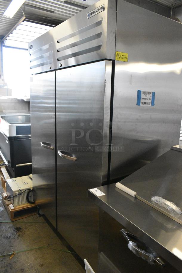 BRAND NEW SCRATCH AND DENT!  Beverage Air TMR2HC-1S Stainless Steel Commercial 2 Door Reach In Cooler w/ Poly Coated Racks on Commercial Casters. 115 Volts, 1 Phase. Tested and Working! - Image 3 of 10