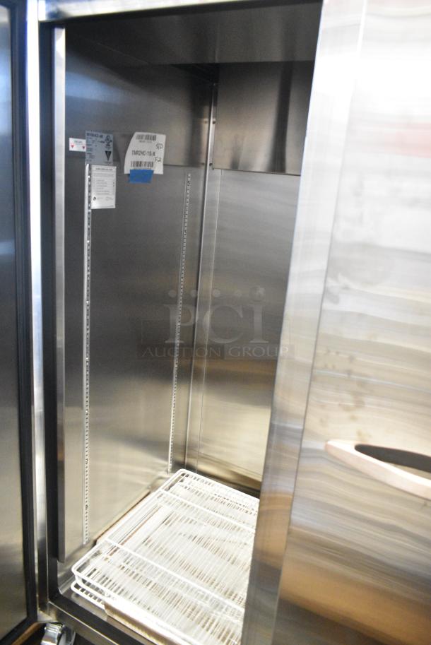 BRAND NEW SCRATCH AND DENT!  Beverage Air TMR2HC-1S Stainless Steel Commercial 2 Door Reach In Cooler w/ Poly Coated Racks on Commercial Casters. 115 Volts, 1 Phase. Tested and Working! - Image 6 of 10