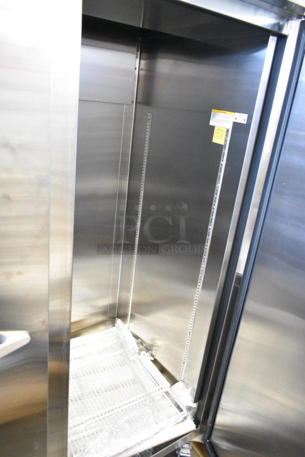 BRAND NEW SCRATCH AND DENT!  Beverage Air TMR2HC-1S Stainless Steel Commercial 2 Door Reach In Cooler w/ Poly Coated Racks on Commercial Casters. 115 Volts, 1 Phase. Tested and Working! - Image 7 of 10