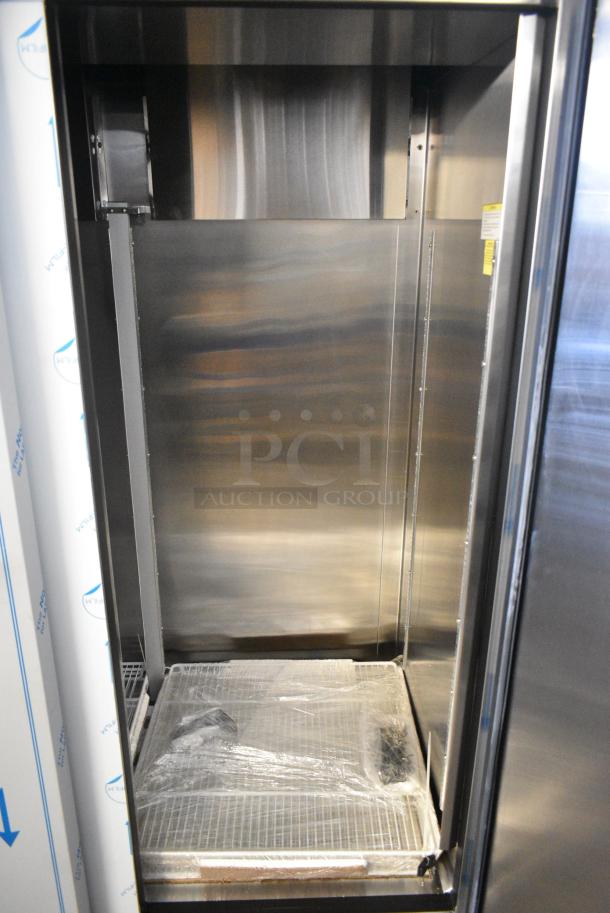 BRAND NEW SCRATCH AND DENT! Beverage Air TMR2HC-1S Stainless Steel Commercial 2 Door Reach In Cooler w/ Poly Coated Racks on Commercial Casters. 115 Volts, 1 Phase. Tested and Working! - Image 5 of 8