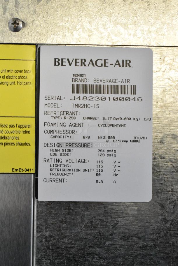 BRAND NEW SCRATCH AND DENT! Beverage Air TMR2HC-1S Stainless Steel Commercial 2 Door Reach In Cooler w/ Poly Coated Racks on Commercial Casters. 115 Volts, 1 Phase. Tested and Working! - Image 7 of 8