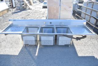 BRAND NEW SCRATCH AND DENT! Regency 600S31824224 84 1/2" 16-Gauge Stainless Steel Three Compartment Commercial Sink with 1 Drainboard - 18" x 24" x 14" Bowls. No Legs.