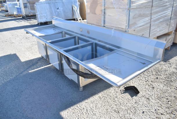 BRAND NEW SCRATCH AND DENT! Regency 600S31824224 84 1/2" 16-Gauge Stainless Steel Three Compartment Commercial Sink with 1 Drainboard - 18" x 24" x 14" Bowls. No Legs. - Image 3 of 5