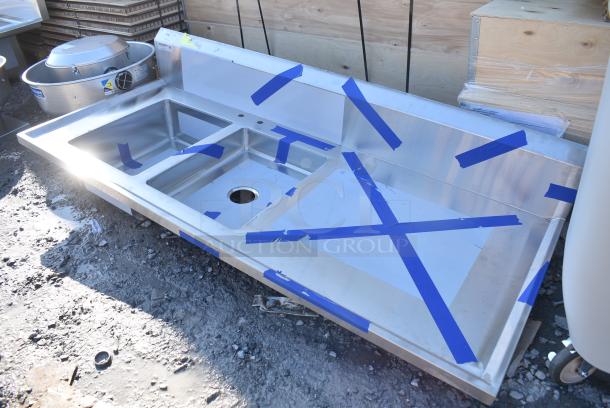 BRAND NEW SCRATCH AND DENT! Regency 600ST3072LS 30" x 72" 14 Gauge Stainless Steel Work Table with 2 Sinks - Sinks on Left. No Legs. - Image 3 of 5
