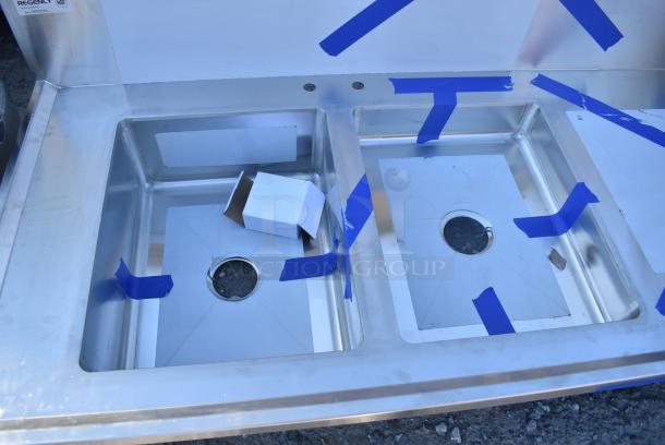 BRAND NEW SCRATCH AND DENT! Regency 600ST3072LS 30" x 72" 14 Gauge Stainless Steel Work Table with 2 Sinks - Sinks on Left. No Legs. - Image 4 of 5
