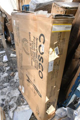 BRAND NEW SCRATCH AND DENT! Cosco 66765DKG1E SmartFold 26 1/8" x 52" Portable Folding Workbench / Utility Table with Butcher Block Top Shelf. May Be Missing Pieces.
