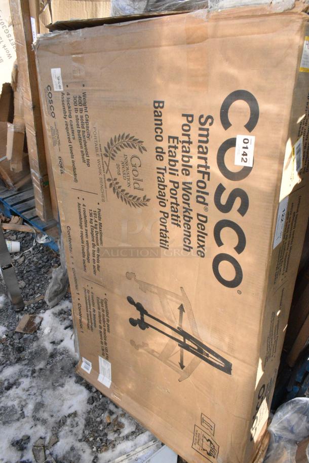 BRAND NEW SCRATCH AND DENT! Cosco 66765DKG1E SmartFold 26 1/8" x 52" Portable Folding Workbench / Utility Table with Butcher Block Top Shelf. May Be Missing Pieces. - Image 3 of 5