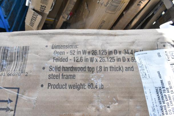 BRAND NEW SCRATCH AND DENT! Cosco 66765DKG1E SmartFold 26 1/8" x 52" Portable Folding Workbench / Utility Table with Butcher Block Top Shelf. May Be Missing Pieces. - Image 5 of 5
