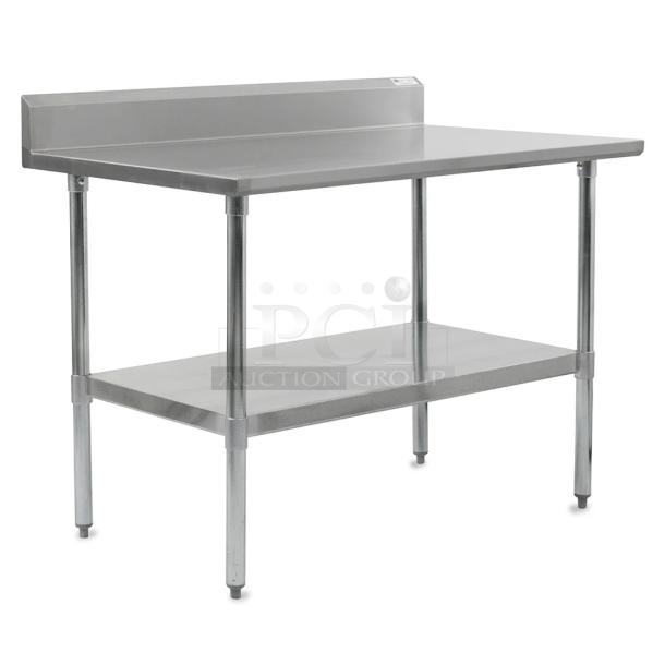 BRAND NEW SCRATCH AND DENT! Reegency 600TB3018G 30" x 18" 18-Gauge 304 Stainless Steel Equipment Filler Table with Backsplash and Galvanized Undershelf. May Be Missing Pieces. Stock Picture Used as Gallery - Image 1 of 3