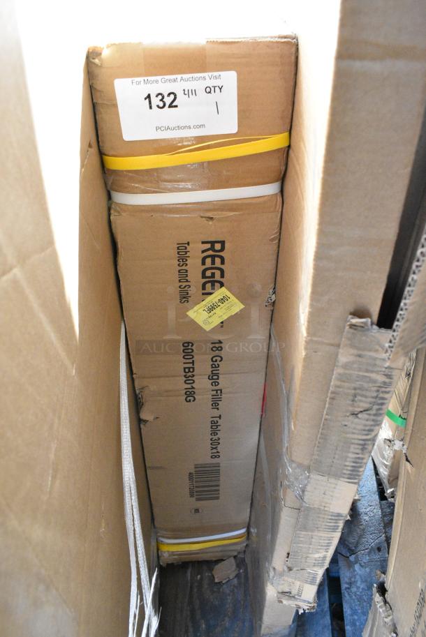 BRAND NEW SCRATCH AND DENT! Reegency 600TB3018G 30" x 18" 18-Gauge 304 Stainless Steel Equipment Filler Table with Backsplash and Galvanized Undershelf. May Be Missing Pieces. Stock Picture Used as Gallery - Image 2 of 3