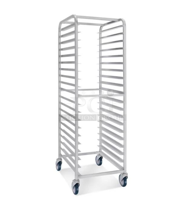 BRAND NEW SCRATCH AND DENT! Regency 109APR1820L 20 Pan End Load Bun / Sheet Pan Rack with Non-Marking Casters - Unassembled. May Be Missing Pieces. - Image 1 of 3