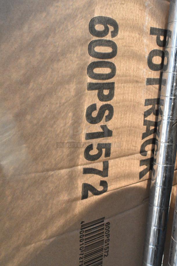 BRAND NEW SCRATCH AND DENT! Regency 600PS1572 15" x 72" Stainless Steel Wall Mounted Pot Rack with Shelf and 18 Galvanized Hooks. May Be Missing Pieces. Stock Picture Used - Image 3 of 3