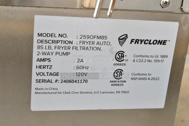 BRAND NEW SCRATCH AND DENT! 2024 Fryclone 259OFM85 85 lb. Low-Profile Portable Fryer Oil Filter Machine with 2-Way Pump on Commercial Casters. 120 Volts, 1 Phase. - Image 6 of 6