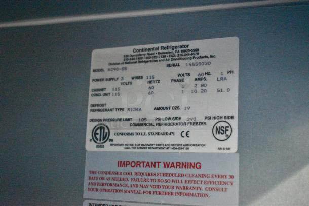 Continental KC90-SS Stainless Steel Commercial Direct Draw Kegerator w/ Single 3 Tap Beer Tower. 115 Volts, 1 Phase. Tested and Working! - Image 8 of 8