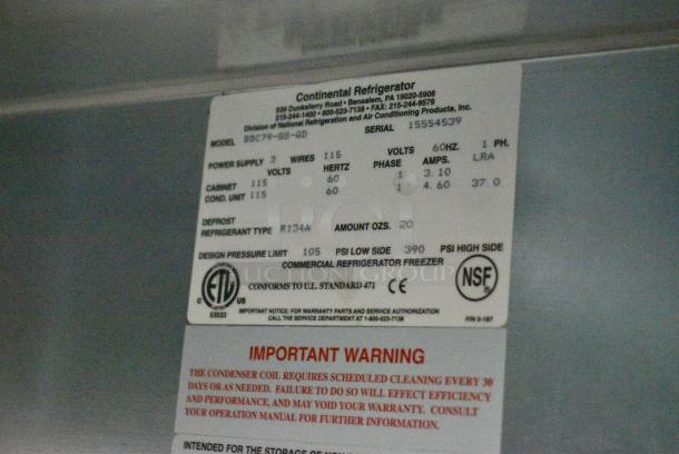 Continental BBC79-SS-GD Stainless Steel Commercial 3 Door Back Bar Cooler Merchandiser. 115 Volts, 1 Phase. Tested and Working! - Image 7 of 7