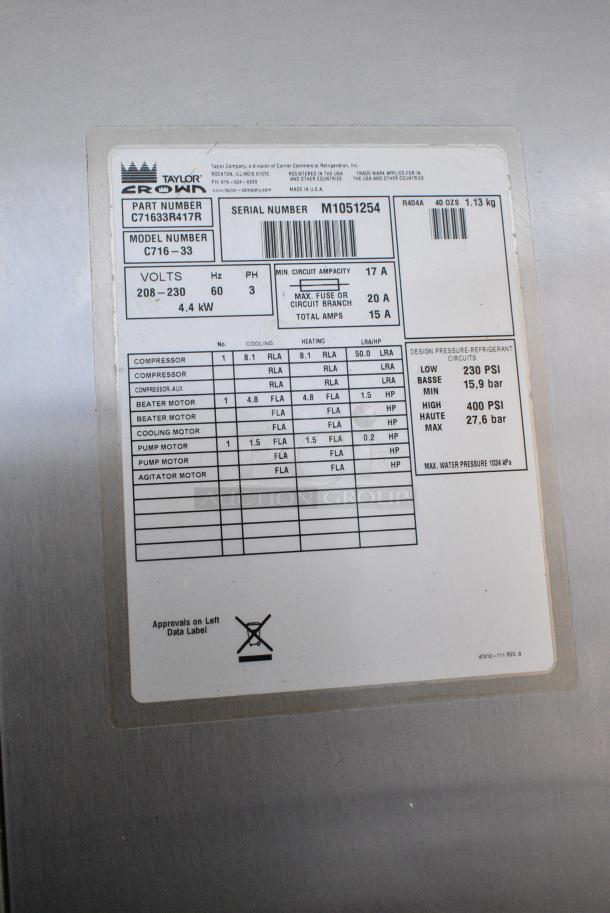 Taylor C716-33 Stainless Steel Commercial Floor Style Water Cooled 2 Flavor w/ Twist Soft Serve Ice Cream Machine on Commercial Casters. 208-230 Volts, 3 Phase. - Image 10 of 10