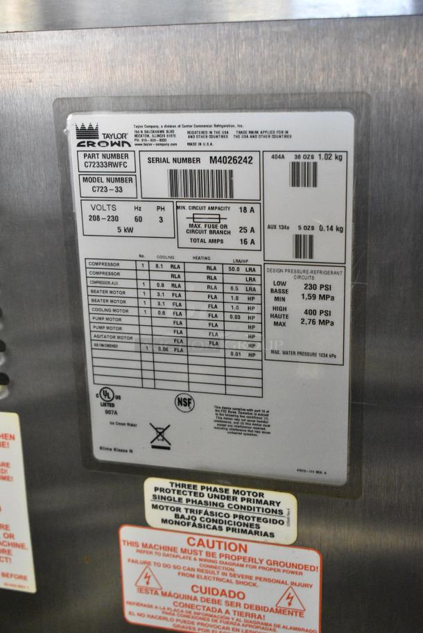 Taylor C723-33 Stainless Steel Commercial Floor Style Water Cooled 2 Flavor w/ Twist Soft Serve Ice Cream Machine on Commercial Casters. 208-230 Volts, 3 Phase. - Image 9 of 9