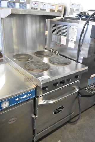 Royal Stainless Steel Commercial Electric Powered 4 Burner Hot Plate Range w/ Oven, Over Shelf and Back Splash. 208 Volts, 3 Phase.