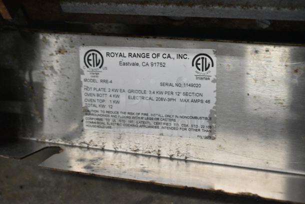 Royal Stainless Steel Commercial Electric Powered 4 Burner Hot Plate Range w/ Oven, Over Shelf and Back Splash. 208 Volts, 3 Phase. - Image 7 of 7