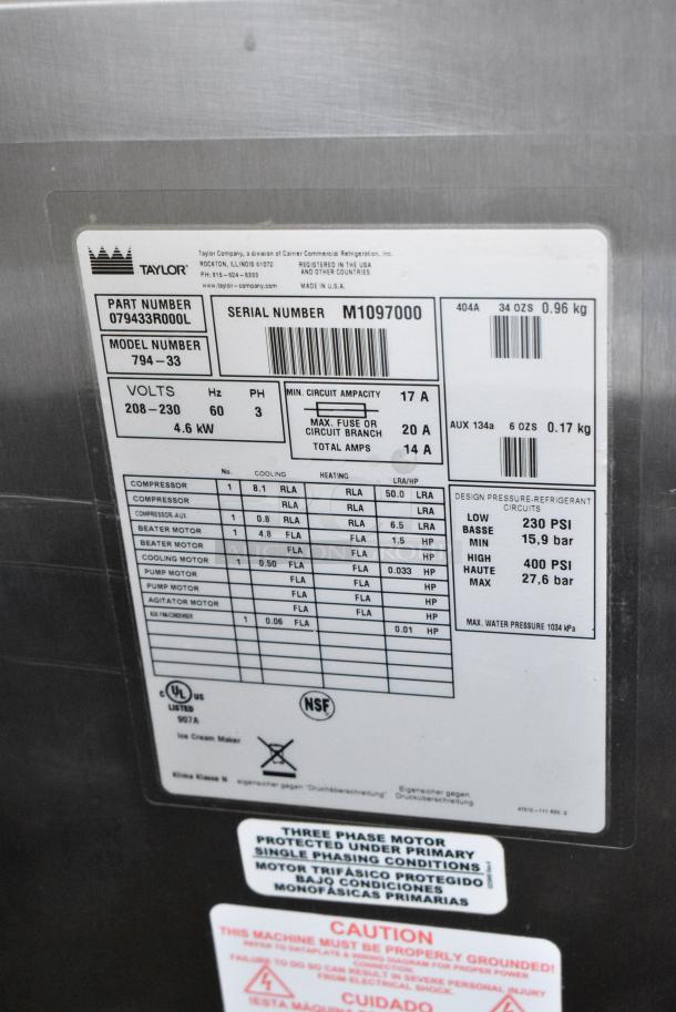 Taylor 794-33 Stainless Steel Commercial Floor Style Water Cooled 2 Flavor w/ Twist Soft Serve Ice Cream Machine on Commercial Casters. 208-230 Volts, 3 Phase. - Image 10 of 10