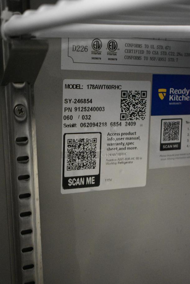 BRAND NEW SCRATCH AND DENT! 2024 Avantco 178AWT60RHC Stainless Steel Commercial 2 Door Work Top Cooler. 115 Volts, 1 Phase. Tested and Working! - Image 5 of 5