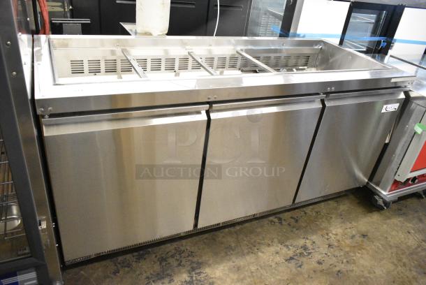 BRAND NEW SCRATCH AND DENT! 2024 Avantco 178SSCFT72HC Stainless Steel Commercial Refrigerated Salad Bar / Cold Food Table on Commercial Casters. 115 Volts, 1 Phase. Tested and Powers On But Does Not Get Cold - Image 1 of 9
