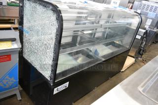 BRAND NEW SCRATCH AND DENT! Avantco 193BC72HCB 72" Curved Glass Black Refrigerated Bakery Display Case on Commercial Casters. See Broken Glass on Side Panel. 115 Volts, 1 Phase. Tested and Working!