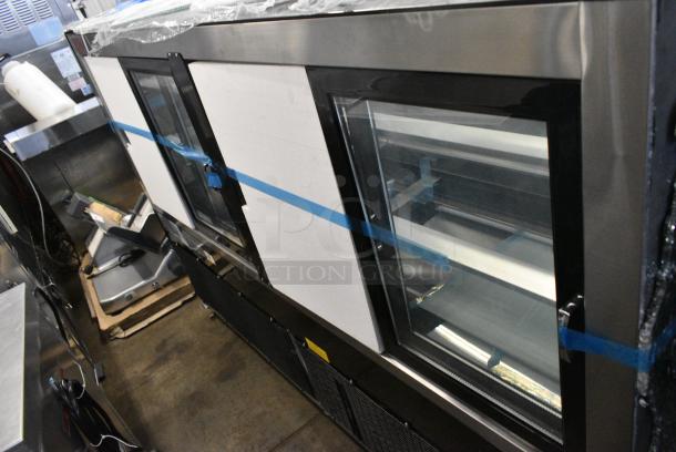 BRAND NEW SCRATCH AND DENT! Avantco 193BC72HCB 72" Curved Glass Black Refrigerated Bakery Display Case on Commercial Casters. See Broken Glass on Side Panel. 115 Volts, 1 Phase. Tested and Working! - Image 7 of 8