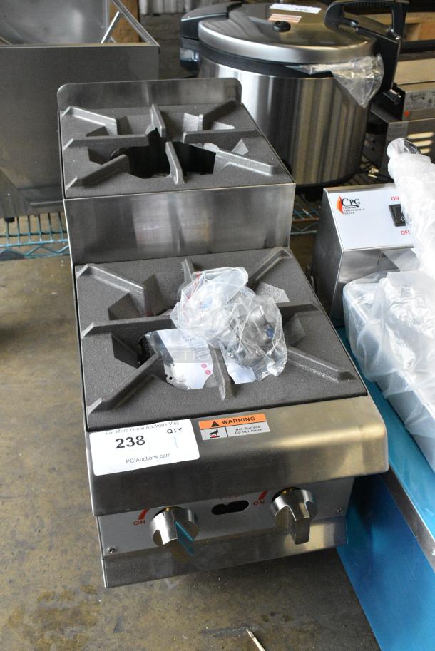 BRAND NEW SCRATCH AND DENT! 2024 Cooking Performance Group CPG 351SRCPG12NL Stainless Steel 12" Step-Up Countertop Range / Hot Plate with 2 High Output Burners. 60,000 BTU. - Image 1 of 5