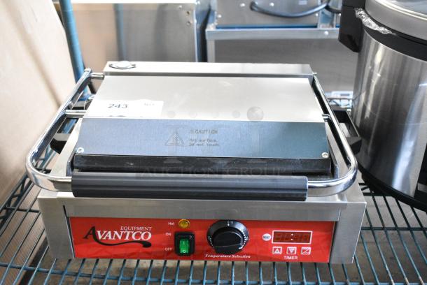BRAND NEW SCRATCH AND DENT! 2024 Avantco 177PG200ST Stainless Steel Commercial Panini Sandwich Grill with Timer, Smooth Plates, and 13 3/8" x 8 3/4" Cooking Surface. 120 Volts, 1 Phase. Tested and Working! - Image 1 of 8