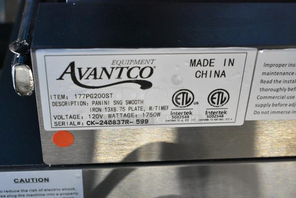 BRAND NEW SCRATCH AND DENT! 2024 Avantco 177PG200ST Stainless Steel Commercial Panini Sandwich Grill with Timer, Smooth Plates, and 13 3/8" x 8 3/4" Cooking Surface. 120 Volts, 1 Phase. Tested and Working! - Image 8 of 8