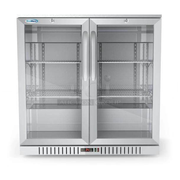 BRAND NEW SCRATCH AND DENT! 2024 KoolMore BC-2DSW-SS Stainless Steel Two-Door Back Bar Refrigerator Merchandiser - 7.4 Cu Ft. 115 Volts, 1 Phase. Tested and Working! - Image 1 of 8