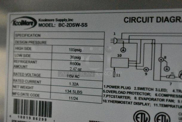 BRAND NEW SCRATCH AND DENT! 2024 KoolMore BC-2DSW-SS Stainless Steel Two-Door Back Bar Refrigerator Merchandiser - 7.4 Cu Ft. 115 Volts, 1 Phase. Tested and Working! - Image 7 of 8