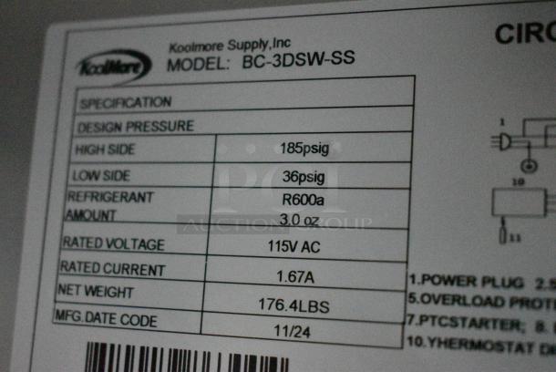 BRAND NEW SCRATCH AND DENT! 2024 KoolMore BC-2DSW-SS Stainless Steel Three-Door Back Bar Refrigerator Merchandiser - 11 Cu Ft. 115 Volts, 1 Phase. Tested and Working! - Image 8 of 9