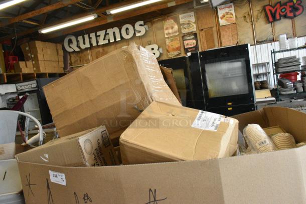 40 BRAND NEW! Boxes Including 760FFLRGWHT Choice Large 16 oz. White Paper Scoop Cup - 1000/Case, 4339BULK Choice 9" White Uncoated Paper Plate - 1000/Case, 130WSPOON Choice Medium Weight White Polypropylene Plastic Teaspoon - 1000/Case, 346WKFSNSPM Choice White Medium Weight Wrapped Polypropylene Plastic Cutlery Pack with Napkin and Salt / Pepper Packets - 500/Case, 245WEDGEPZZA Choice White Clay Coated Clamshell Pizza Slice Box - 400/Case, 99910RIPKRFT EcoChoice 10 oz. Double Wall Kraft Compostable Paper Hot Cup. 40 Times Your Bid! - Image 1 of 10