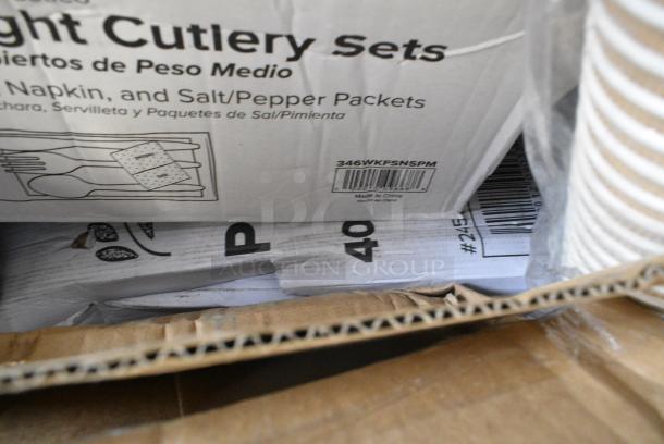 40 BRAND NEW! Boxes Including 760FFLRGWHT Choice Large 16 oz. White Paper Scoop Cup - 1000/Case, 4339BULK Choice 9" White Uncoated Paper Plate - 1000/Case, 130WSPOON Choice Medium Weight White Polypropylene Plastic Teaspoon - 1000/Case, 346WKFSNSPM Choice White Medium Weight Wrapped Polypropylene Plastic Cutlery Pack with Napkin and Salt / Pepper Packets - 500/Case, 245WEDGEPZZA Choice White Clay Coated Clamshell Pizza Slice Box - 400/Case, 99910RIPKRFT EcoChoice 10 oz. Double Wall Kraft Compostable Paper Hot Cup. 40 Times Your Bid! - Image 7 of 10