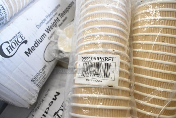 40 BRAND NEW! Boxes Including 760FFLRGWHT Choice Large 16 oz. White Paper Scoop Cup - 1000/Case, 4339BULK Choice 9" White Uncoated Paper Plate - 1000/Case, 130WSPOON Choice Medium Weight White Polypropylene Plastic Teaspoon - 1000/Case, 346WKFSNSPM Choice White Medium Weight Wrapped Polypropylene Plastic Cutlery Pack with Napkin and Salt / Pepper Packets - 500/Case, 245WEDGEPZZA Choice White Clay Coated Clamshell Pizza Slice Box - 400/Case, 99910RIPKRFT EcoChoice 10 oz. Double Wall Kraft Compostable Paper Hot Cup. 40 Times Your Bid! - Image 9 of 10