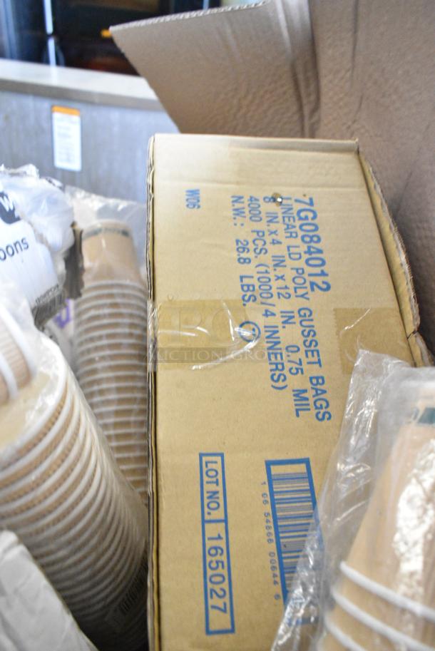 40 BRAND NEW! Boxes Including 760FFLRGWHT Choice Large 16 oz. White Paper Scoop Cup - 1000/Case, 4339BULK Choice 9" White Uncoated Paper Plate - 1000/Case, 130WSPOON Choice Medium Weight White Polypropylene Plastic Teaspoon - 1000/Case, 346WKFSNSPM Choice White Medium Weight Wrapped Polypropylene Plastic Cutlery Pack with Napkin and Salt / Pepper Packets - 500/Case, 245WEDGEPZZA Choice White Clay Coated Clamshell Pizza Slice Box - 400/Case, 99910RIPKRFT EcoChoice 10 oz. Double Wall Kraft Compostable Paper Hot Cup. 40 Times Your Bid! - Image 10 of 10