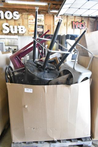 12 BRAND NEW! Boxes Including Tolix Style Chair, Bar Height Chair, Burgundy Tolix Style Bar Stool. 12 Times Your Bid!