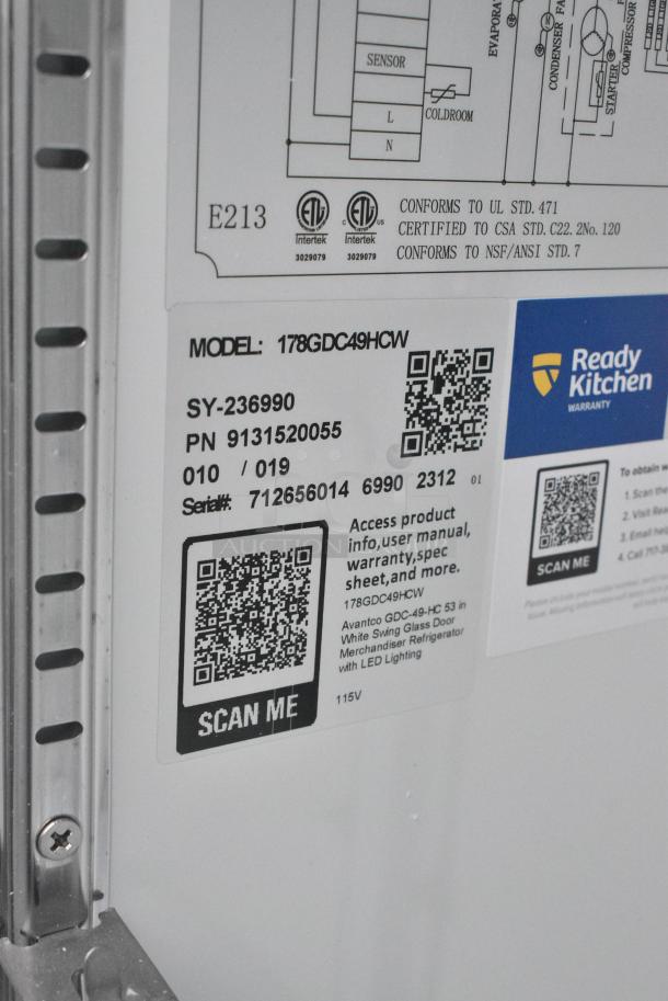 BRAND NEW SCRATCH AND DENT! Avantco 178GDC49HCW 53" White Customizable Swing Glass Door Merchandiser Refrigerator with LED Lighting. 115 Volts, 1 Phase. - Image 5 of 5